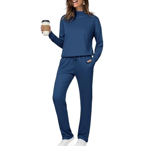 Totatuit Womens Lounge Sets Two Piece Tracksuits Casual Sweatsuits Mock Neck Tops with Thumb Holes Fall Outfits Dark Blue Small
