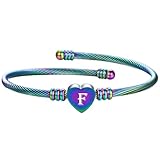 HIJONES Mujer Acero Inoxidable Brazalete Abierto Arcoíris Inicial Corazón Letra Cable Trenzado Arcoíris F