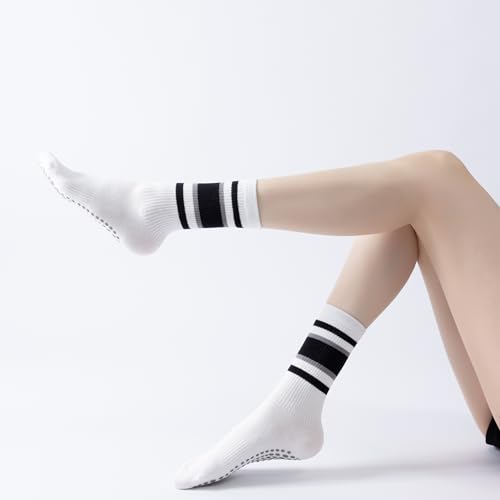 Image of Verdancy Yoga Pilates Socks with Grips for Women Striped Cushioned Non Slip Crew Socks for Barre Ballet Dance