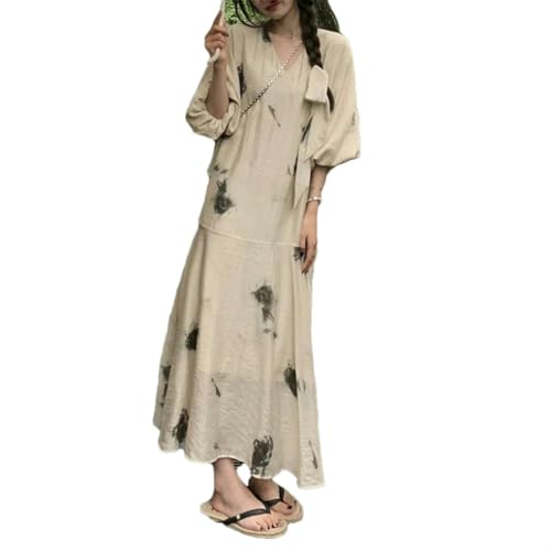 Robe style chinois femme col v manches lanternes robe maxi décontractée