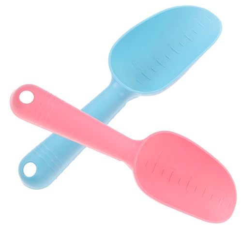 FUNOMOCYA 2Pcs Plastic Garden Scoop Lightweight Hand Shovel and Trowel for Digging and Transplanting Includes Centimeter Marks for Accurate Planting Depth Blue and Pink