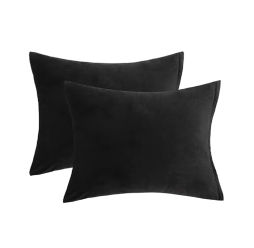 uwkcy Velvet Queen Pillow Cases Pillowcases with Hidden Zipper, Soft and Cozy, Zippered Flannel Pillow Covers (Black, 20x30 Inch,Set of 2)