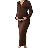 Vestido de maternidad cálido de invierno, cuello en V, manga larga, plisado, cintura elástica para adelgazar, ropa profesional, vestido ajustado profesional, marrón, M