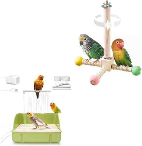 Interactive Bird Perch Toy & Automatic Bath Set (Size S, Green) - Spinning Wooden Exercise Wheel with Pump-Powered Shower Fountain, Running Water Bathtub for Parrot, Cockatiel, Conure, Budgie, Lovebir image 5