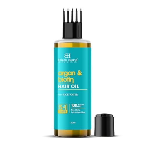 Botanic Hearth Argan & Biotin Hair Oil – 150ml – Deeply Moisturizes & Strengthens Hair, Boosts Volume, Promotes Healthy Hair Growth with Rice Water, Cruelty-Free & Paraben-Free