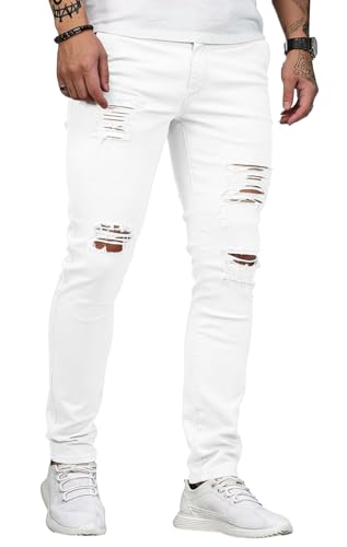 Image of HUNGSON Men's Blue Slim Fit Jeans Stretch Destroyed Ripped Skinny Jeans Side Striped Denim Pants