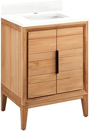 Signature Hardware 482543 Aliso 24" Free Standing Single Basin Vanity Set with Teak Cabinet, Marble Vanity Top, and Rectangular Porcelain Undermount Sink - Natural Teak/Feathered White