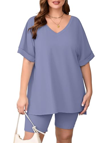 Image of AusLook Women's Plus Size 2 Piece Short Outfits Set Short Sleeve Tops and Shorts Pants Lounge Jogging outfits Matching Set