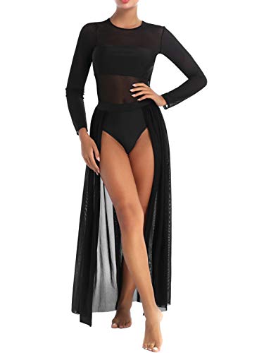 JEATHA Women\'s Shiny Sequins Lyrical Modern Contemporary Dance Dress Costume Long Flowy Slit Skirts Black Long Sleeves Medium