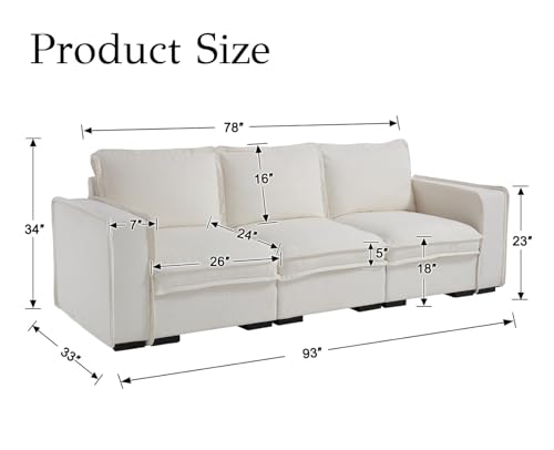 Image of EALSON 93 inch Modular Sectional Sofa Modern Comfy 3-Seater Couch Sofa Linen Fabric Cloud Couches with 24 inch Deep Seat and Wooden Legs for Living Room /Bedroom, White