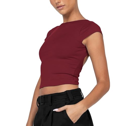 Tank Top Mujer Ofertas Top De Manga Corta con Espalda Descubierta para Mujer, Camiseta Corta Ajustada con Cuello Top Cruzado Mujer por Delante Camiseta Mujer Hombro A Ropa Gym Mujer Ofertas