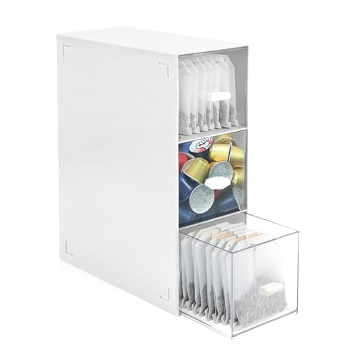 3 Tier Tea Bag Organizer, UOIXPUHUO Plastic Tea Box Organizer Storage Box, Easy Access Tea Holder Organizer Teabag Container for Cosmetic Coffee Sugar Sachets Pantry (1Pcs White)