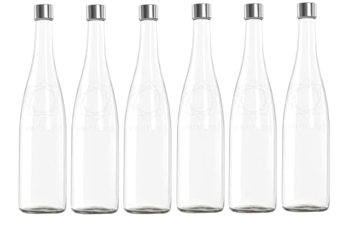Image of Glass Water Bottle 1 Liter Plain Narrow Mouth for Beverages, Oil, Vinegar, Beer, Water, Soda, Airtight Lid & Leak Proof Cap - Clear Pack of (6)
