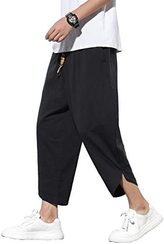 DOSLAVIDA Men's Casual Elastic Waist Linen Capri Pants Wide Leg Baggy Cotton Harem Yoga Trousers Loose Patchwork Shorts Solid-Black