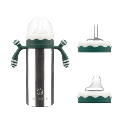 Hamarue 3-in-1 Deluxe Stainless Steel Sippy Cup for Babies and Toddlers | Non-Toxic Plastic Free Liquid Transfer | Straw Baby Cup & Bottle | Leak Proof Insulated (Green, 6 oz)