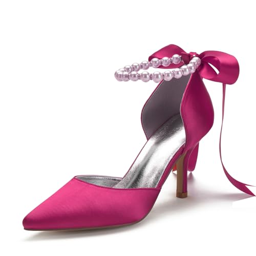 Image of Women's Pearl White Wedding Shoes for Bride High Heels Pointed Toe Bridal Shoes Satin Prom Party Dress Pumps Sandals