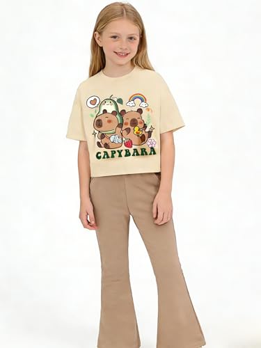 Image of Ayzozuy Tween Girls 2 Piece Outfits Short Sleeve Cartoon Graphic T-Shirt & Flared Pants Kids Clothing Set Size 8-13 Years
