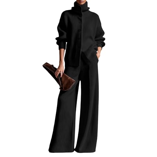 Womens Two Piece Knit Sets Long Sleeve Turtleneck Cardigan Sweatshirt