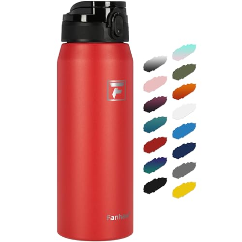 Fanhaw 24 Oz Insulated Stainless Steel Vacuum Water Bottle with Anti-Dust Pop-Open Lid - For Kids, Women, Men | Leak & Sweat Proof (Red)