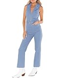 PLNOTME Women's Sleeveless Denim Jumpsuits Zip Up Belted Straight Leg Jeans Long Rompers