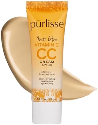 pūrlisse Youth Glow Vitamin C CC Cream SPF 50 - Radiant Finish Tinted Moisturizer - Korean Skin Care Formula with Hyaluronic Acid & Vitamin C to Hydrate, Brighten & Even Skin - Light Medium (1.4 oz)