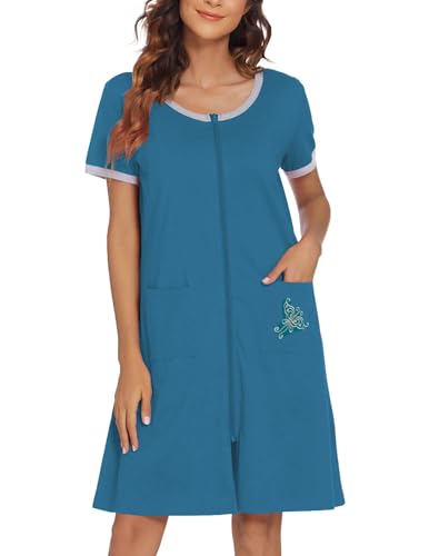 Image of Ekouaer Women Zipper Front House Coat Short Sleeves Robe Zip Up Bathrobes Short Nightgown with Pockets S-3XL
