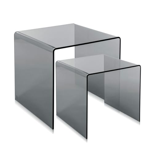 Iplex - Set Di 2 Tavolini Sovrapponibili Design Anni '80 In Plexiglass Fumè Trasparente Tagliati Al Laser - Arredamento Casa Uf