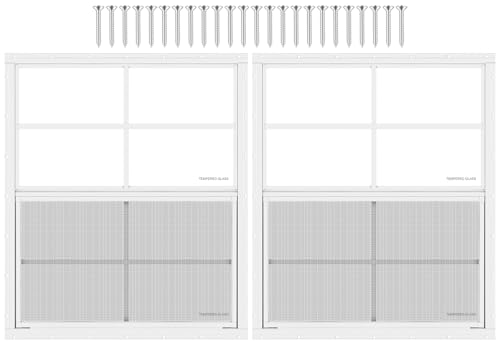 2 Stück Schuppenfenster, 61 x 68 cm (B x H), Weiß, bündig montiertes Fenster mit gehärtetem Glas und abnehmbarem Bildschirm für Spielhäuser, Schuppen, Garage und Hühnerställe