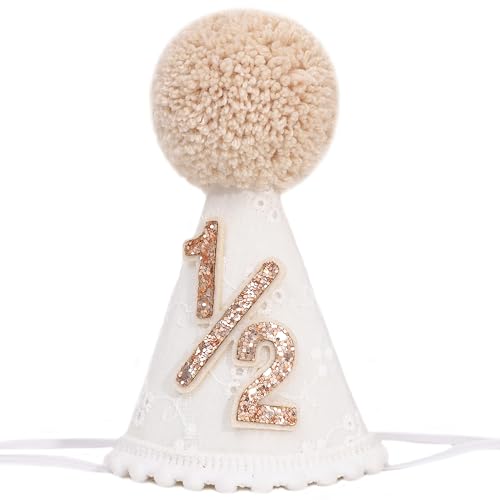 SYESQL White Brown Half Birthday Hat - 1/2 Birthday Cone Hats, Six Months Party Hats (White Hat Half)
