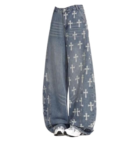 Jeans Baggy Cross Imprimé avec Taille Haute Sculptante et Jambe Large