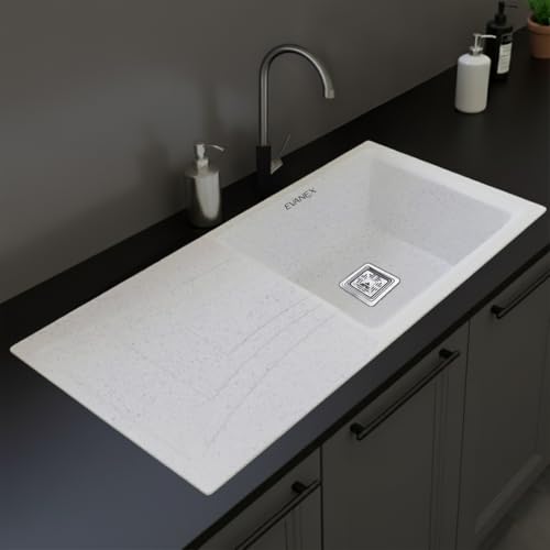 Image of EVANEX Quartz Sink for Kitchen|36x18x9 inch Kitchen Sink with Drain Board|Granite Sink for Kitchen Basin|Sand Pluto Quartz Kitchen Sink with Connector, Waste Pipe, Coupling and Drain Basket