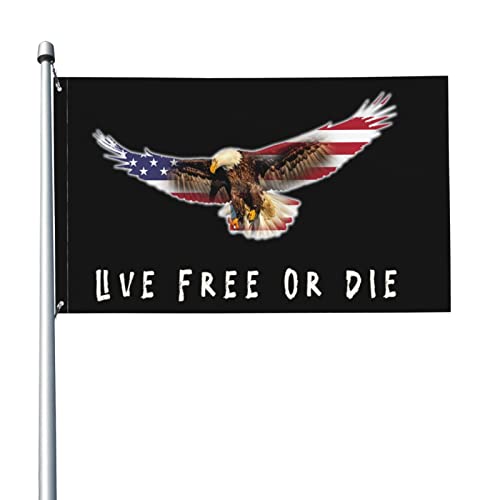 Live Free Or Die American Flag With Bald Eagle Flag 3x5 Ft With Two Brass Grommets, Double Stitched Vivid Color Anti Fading