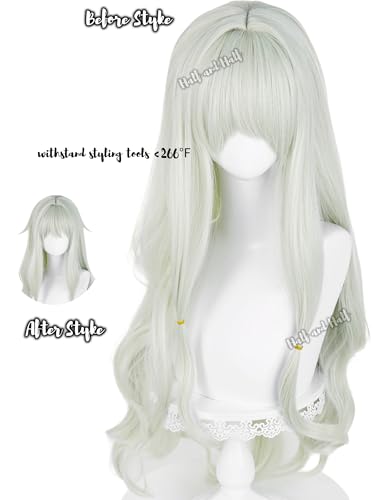 Image of Half and Half Long Light Green Curly Anime Cosplay Game Wig for Women 34.6'' Pastel Green Wave Virtual Singer Wig with Bangs Wigs for Halloween Party Costumes Daily