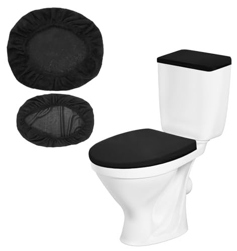 2 PCS Black Toilet Seat Cover Set Soft Velvet Black Toilet Cover & Nylon Tank Cover with Elastic Bottom Machine Washable Bathroom Accessories