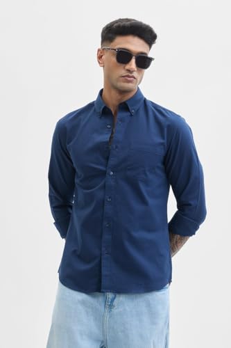 Image of SNITCH Navy Solid Front Pocket Slim Fit Shirts