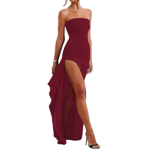 Image of Women's Sexy Strapless Backless High Split Long Maxi Dress Ruched Off Shoulder Sleeveless Bodycon Party Cocktail Dresses