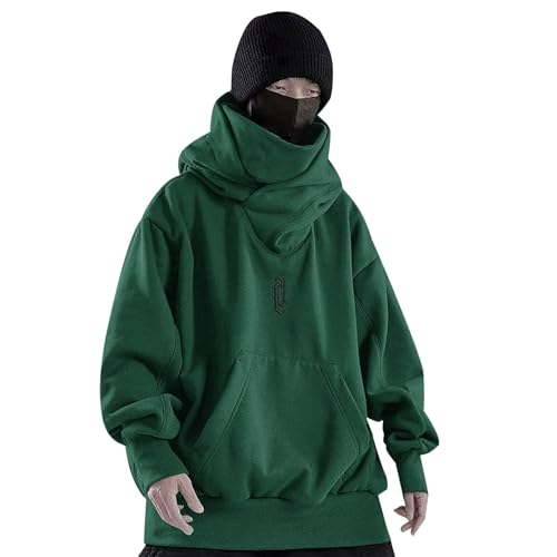 Gray Hoodie Men,Mens Long Sleeve Hooded Cowl Neck Sweatshirt Solid Color Loose Fit Hanging Out Pullover With Front Pocket Fashion Fall Winter Lightweight Turtleneck Soft Street-Style Hoodie