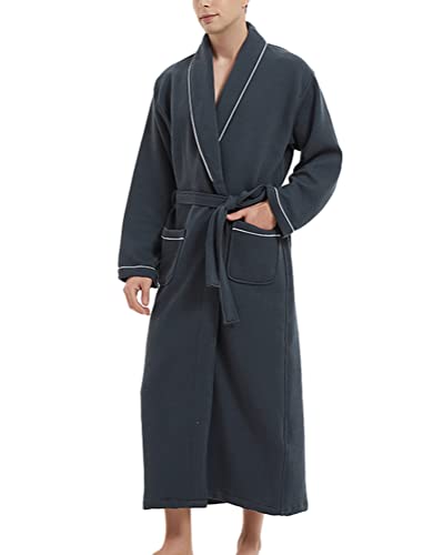 Mens Knit Waffle Robe Full Length Bathrobe Spa Robe Long Sleeves Kimono Adult Hotel Nightgown