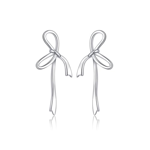Image of Reffeer Solid 925 Sterling Silver Bow Stud Earrings Ribbon for Women Teen Girls Bowknot Stud Earrings Drops