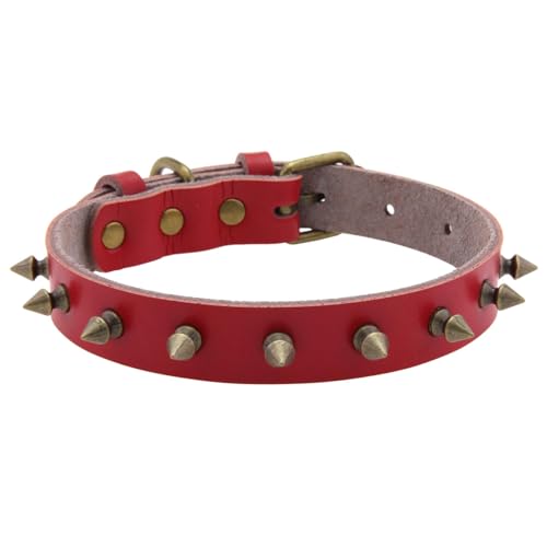 Retro Genuine Leather Studded Rivet Dog Collar Punk Style Brass Alloy Spiked Adjustable Cat Dog Neck Collar（Red,M:11-15" Neck）