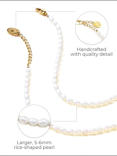 Adjustable Freshwater Pearl Bracelet for Women, 3-4mm x 5-6mm Rice-Shaped Pearls, 18K Gold PVD-Coated Stainless Steel3
