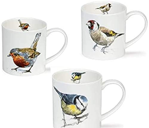 Dunoon Pottery Hannah Longmuir Design GARDEN BIRDS Fine Bone China Coffee/Tea Mug Set: Robin Redbreast, Blue Tit, Goldfinch - Set of 3-9cm / 300ml
