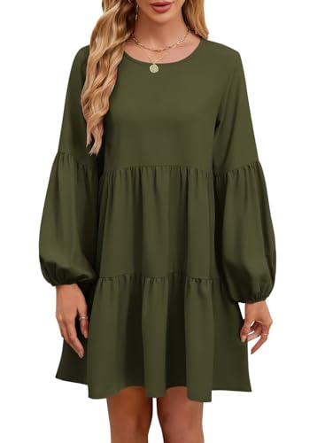 Image of QACOHU Falll Dresses for Women 2026 Crew Neck Long Lantern Sleeve Casual Loose Flowy Swing Shift Dress