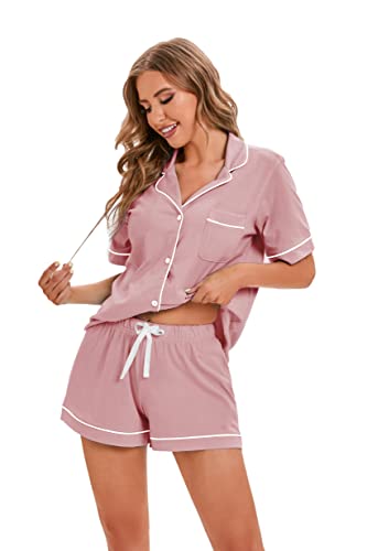 Lubot Women's Pajamas Set Cotton Short Sleeve Button-Down Shirt Pj Pants Two-Piece Shorts Set Summer Night Suit Sleepwear Loungewear (Ash Pink, M) #TOP3