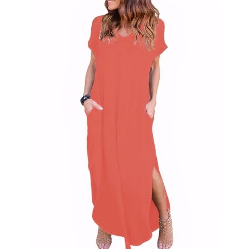 Zilcremo Women Summer Casual Maxi Dress Loose Pockets Short Sleeve Split Boho Dresses Apricot Small Coral
