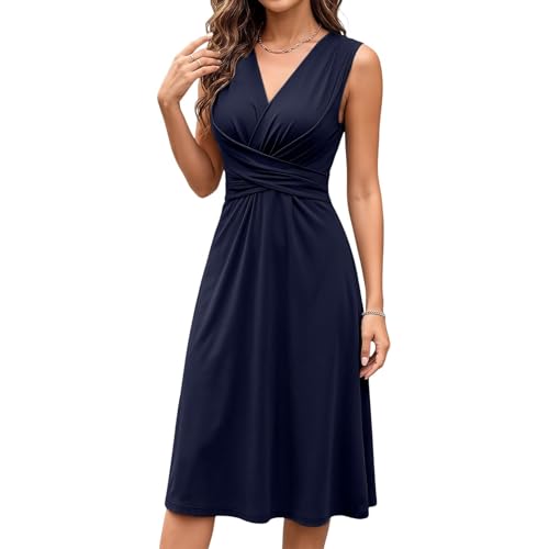 Vestidos de Mujer, Vestidos sin Mangas con Escote en V, Vestidos de cóctel para Mujer, Vestidos de Verano de Corte A con Tirantes Anchos para Fiestas y Bodas. (Navy,S)