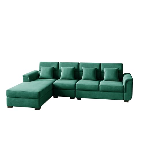 Image of Wood 6 Seater Sofa Set | Velvet Fabric Upholstery | Modern Wooden Frame Sectional Couch with Cushions for Living Room, Home & Office (Green)