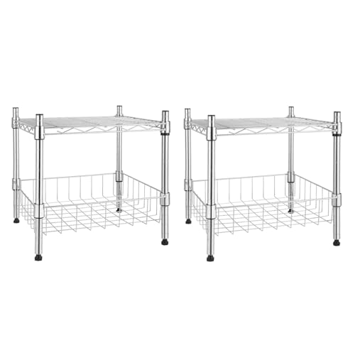 Image of Simple Deluxe 2-Tier Shelving Unit, 15 inch W x 13.8 inch D x 15 inch H Wire Metal Stackable Storage with Basket, Chrome, 2 Pack