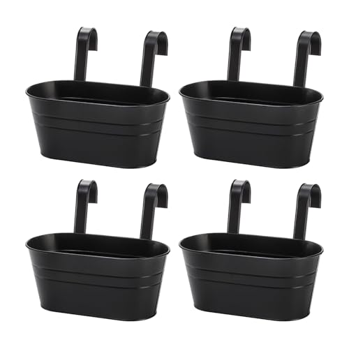 Hniuyun 4 Pcs Hanging Flower Pots, Metal Iron Plant Pots for Railing Fence Hanging Bucket Pots Window Flower Plant Holder with Detachable Hooks Garden Home Decor (Black)