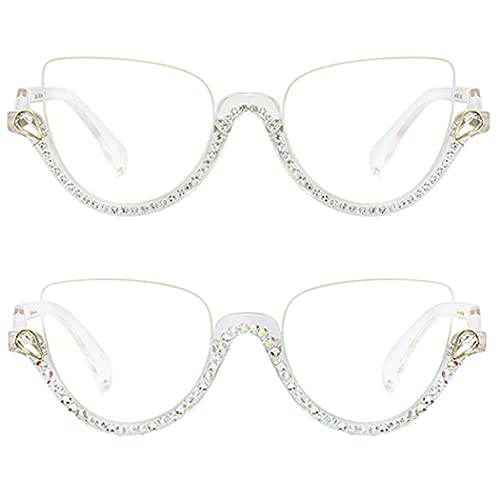 bullabulling Fashion Half Moon Cat-Eye Reading Glass For Women Half-Rim Eyeglass Frame Large lens (White/AB diamonds, 2.75)